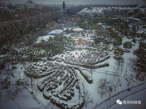 雪中的南京科技館，雪中的你們