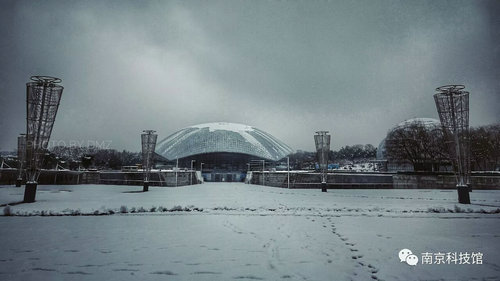 雪中的南京科技館，雪中的你們