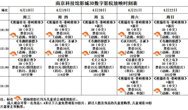 3D數(shù)字影院放映時(shí)刻表（2018.4.18—4.22）