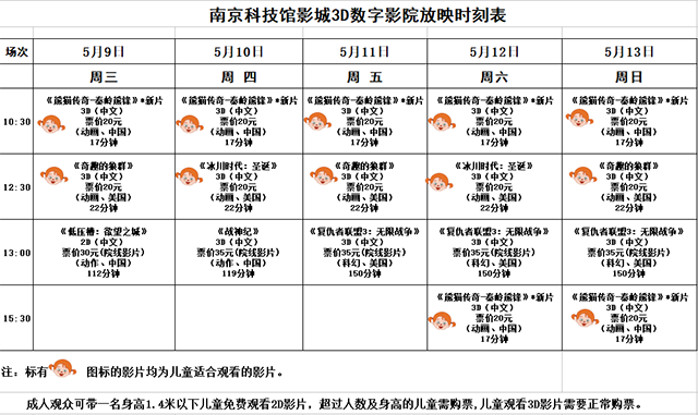 3D數(shù)字影院放映時刻表（2018.5.9—5.13）