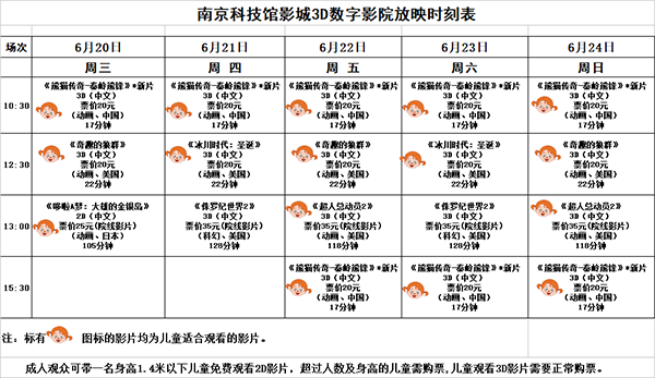 3D數(shù)字影院放映時(shí)刻表（2018.6.20—6.24）