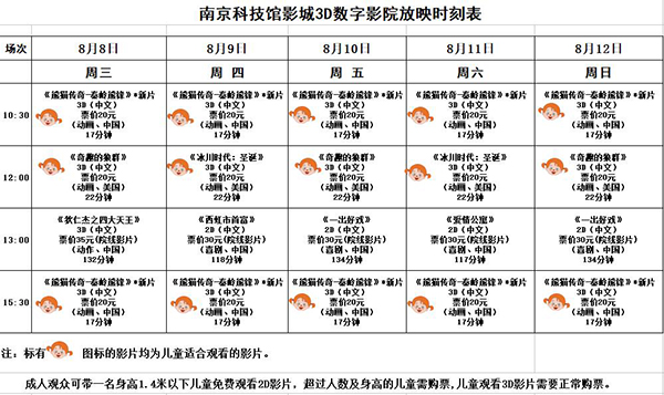 3D數(shù)字影院放映時(shí)刻表（2018.8.8—8.12）