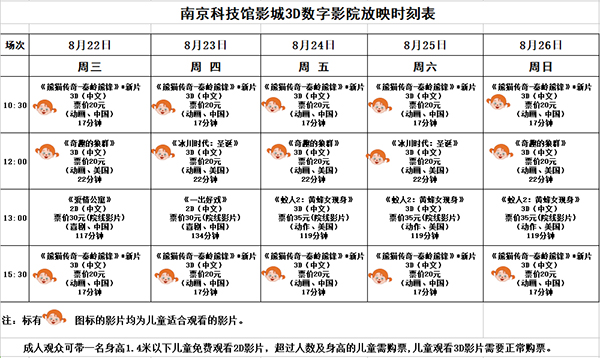 3D數(shù)字影院放映時(shí)刻表（2018.8.22—8.26）