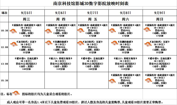 3D數(shù)字影院放映時刻表（2018.9.5—9.9）