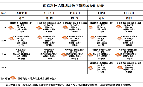 3D數(shù)字影院放映時(shí)刻表（2018.10. 31—11.4）