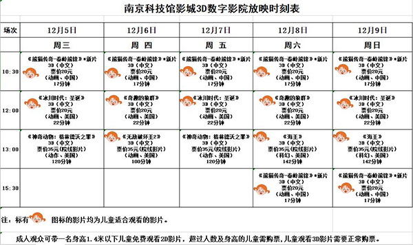 3D數(shù)字影院放映時(shí)刻表（2018.12. 5—12. 9）