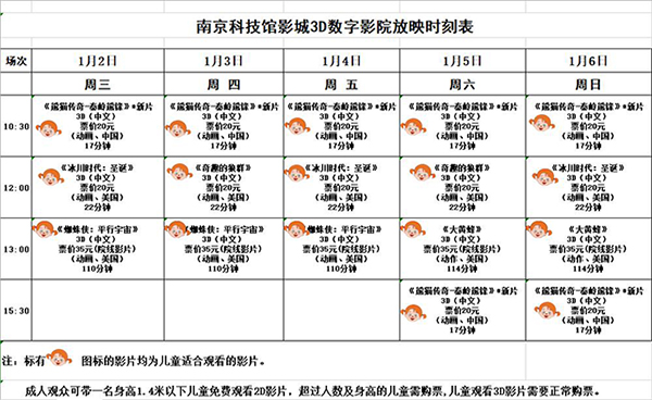3D數(shù)字影院放映時刻表（2019.1. 2—1.6）