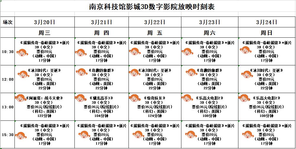 3D數(shù)字影院放映時(shí)刻表（2019.3. 20—3.24）