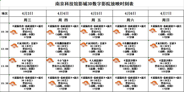 3D數(shù)字影院放映時刻表（2019.4. 3—4.7）