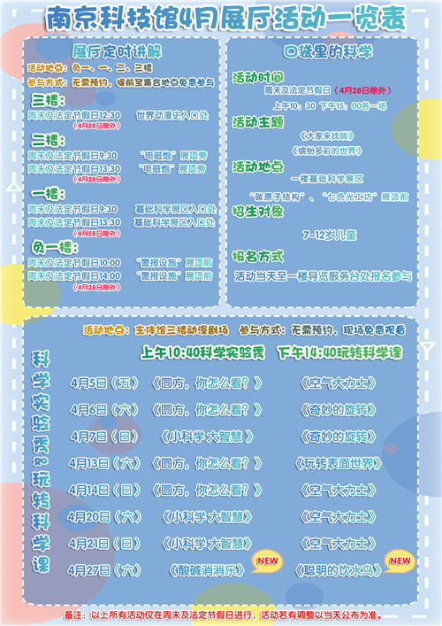 南京科技館2019年4月展區(qū)教育活動(dòng)一覽表