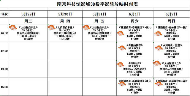 3D數(shù)字影院放映時刻表（2019.5.29—6.2）