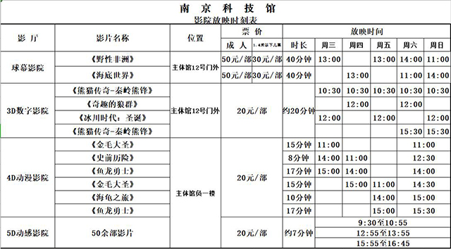 南京科技館影院日常放映表