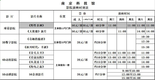 南京科技館影院日常放映時刻表