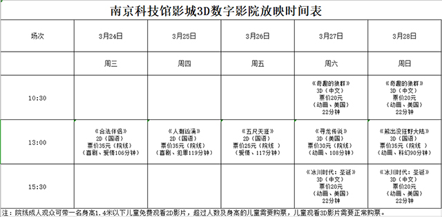 南京科技館3D數(shù)字影院放映時(shí)刻表（3.24—3.28）
