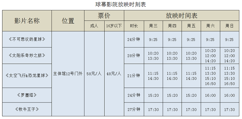 南京科技館影院放映時刻表（10.11-10.31）