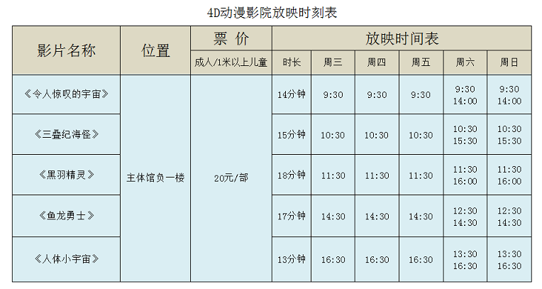 南京科技館影院放映時刻表（10.11-10.31）